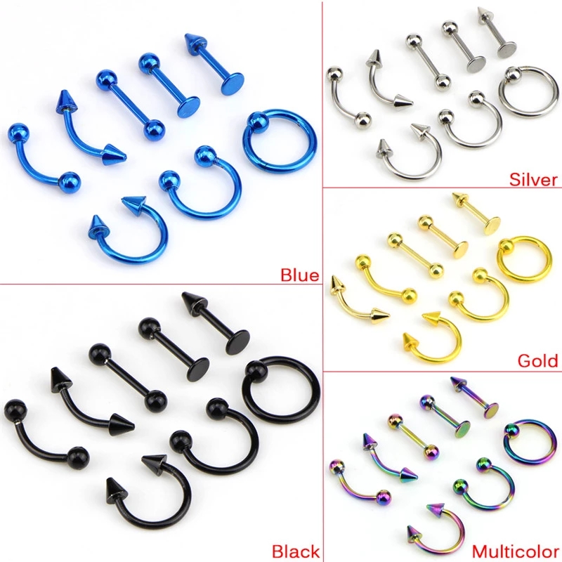 Ensemble de piercing en acier pour hommes et femmes, piercing à la langue, anneau de ovale ine, bijoux de corps, clous d'oreilles, 8 pièces