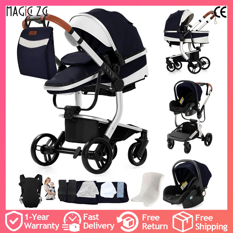 Carrinho de bebê 3 em 1, sistema de viagem à prova d'água de couro, assento reclinável, carrinho infantil com assento de carro, alta paisagem, bebê