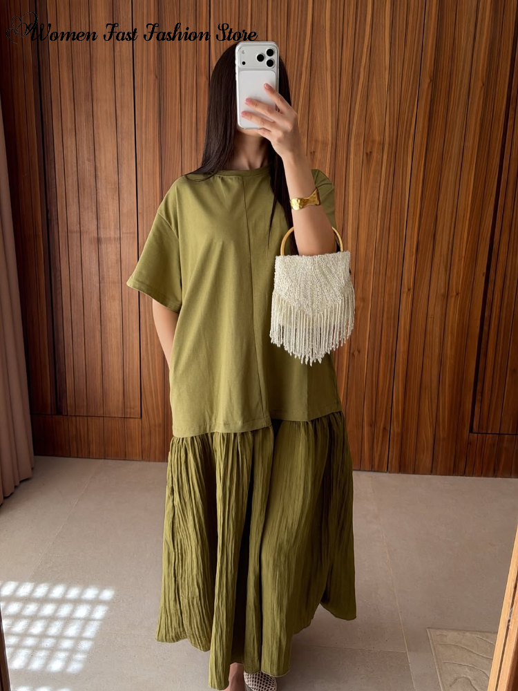 Vestidos Plisados Holgados con Parches para Mujer, Vestidos Largos con Cuello Redondo y Manga Corta, Moda Verano 2026, Vestido Casual Elegante para Mujer