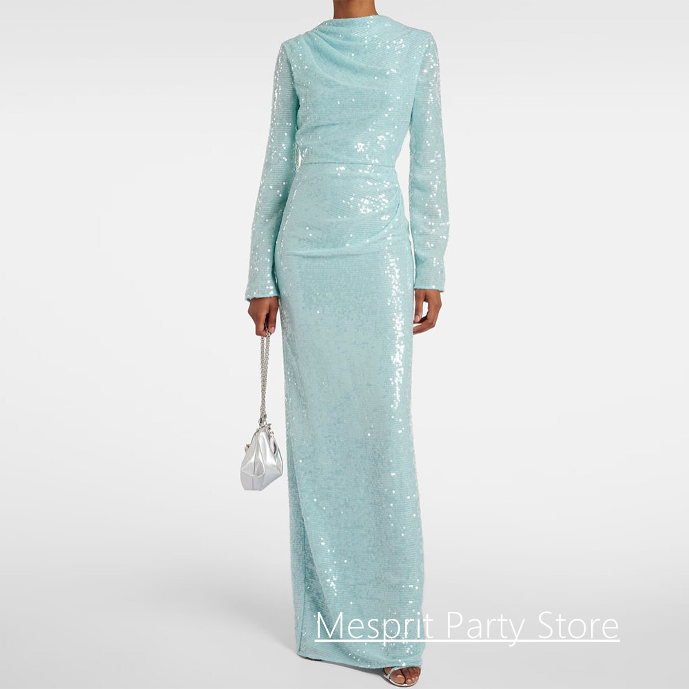 Vestido de fiesta con lentejuelas brillantes, personalizado, cuello redondo, manga larga, longitud hasta el suelo, vestidos de fiesta sencillos, vestido de noche de Arabia Saudita