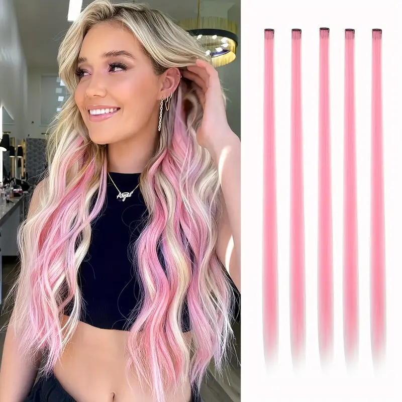 Extensiones de cabello sintético de 22 pulgadas, 5 unidades por paquete, colores degradados, Clip en peluca de arcoíris, cabello resistente al calor para mujeres
