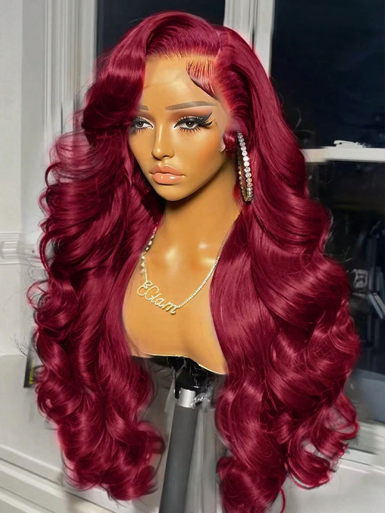 Peluca de Cabello Humano 99j con Densidad del 250%, 34 Pulgadas, Color Borgoña, 13x4 HD Lace Frontal, Ondulado, Cabello Humano Brasileño Real