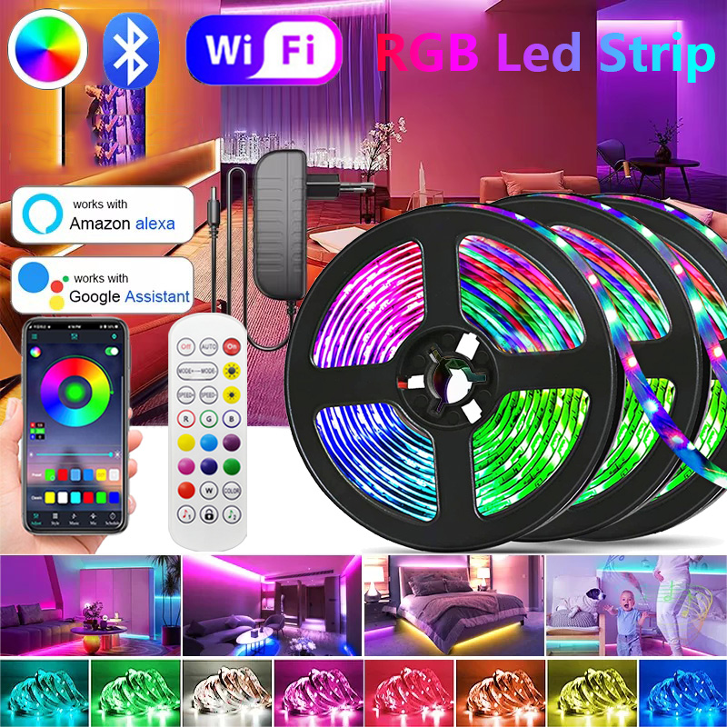 Tira de luces LED 5050 RGB, lámpara Flexible impermeable, cinta de sincronización de música, diodo de luz que cambia de colores para decoración de fiesta en habitación, enchufe europeo