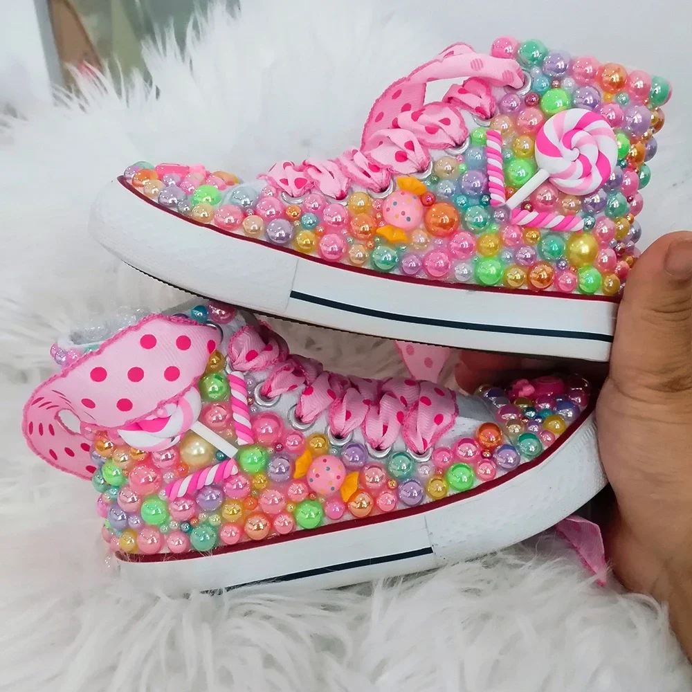 Feito à mão strass bling meninas das mulheres crianças e mãe doces sapatos de lona pérolas tênis para festa aniversário presente natal
