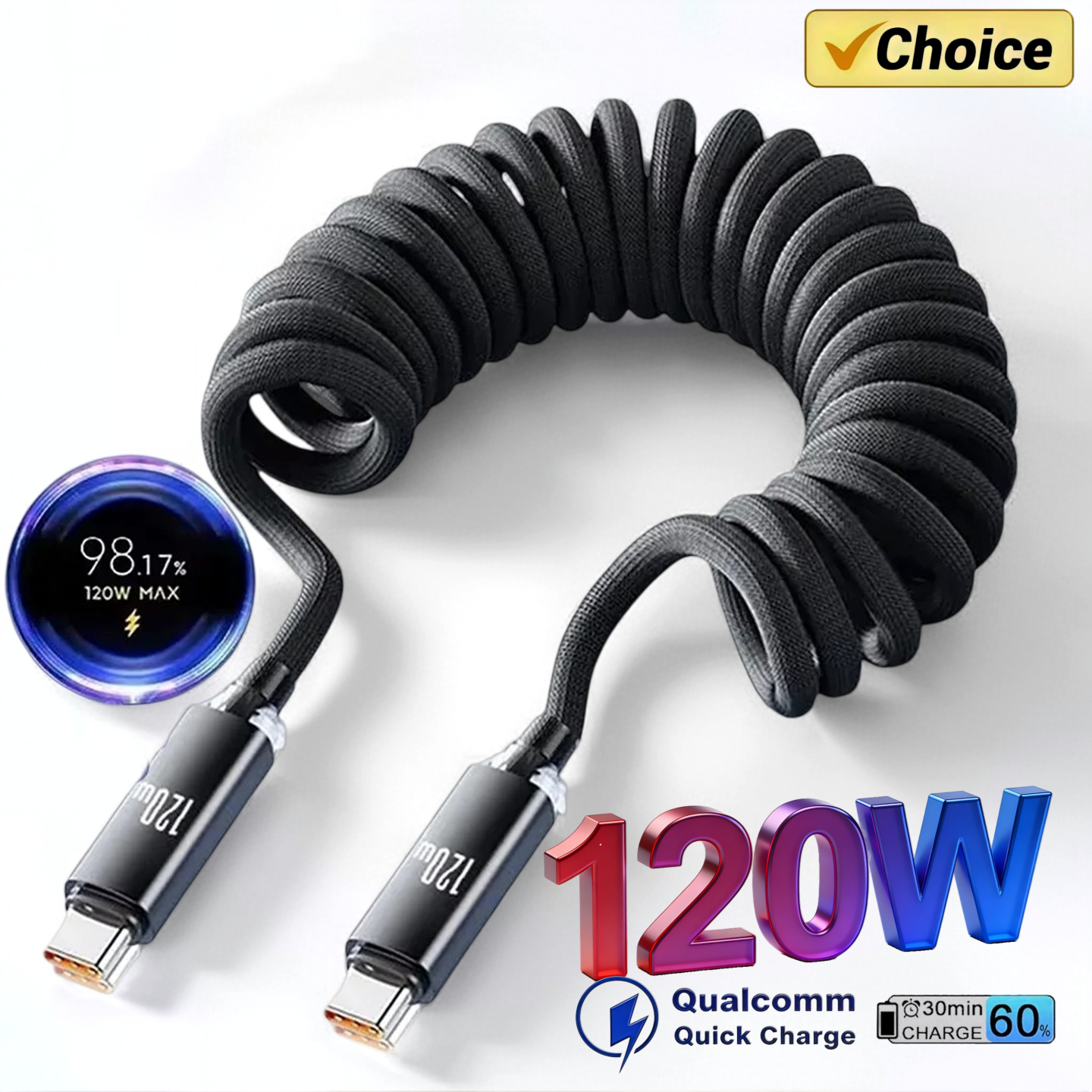 120W車載Type C to USB C急速充電ケーブル iPhone 17/16対応 USB A to Type C スプリング伸縮式ケーブル Samsung/Xiaomi/Huawei対応
