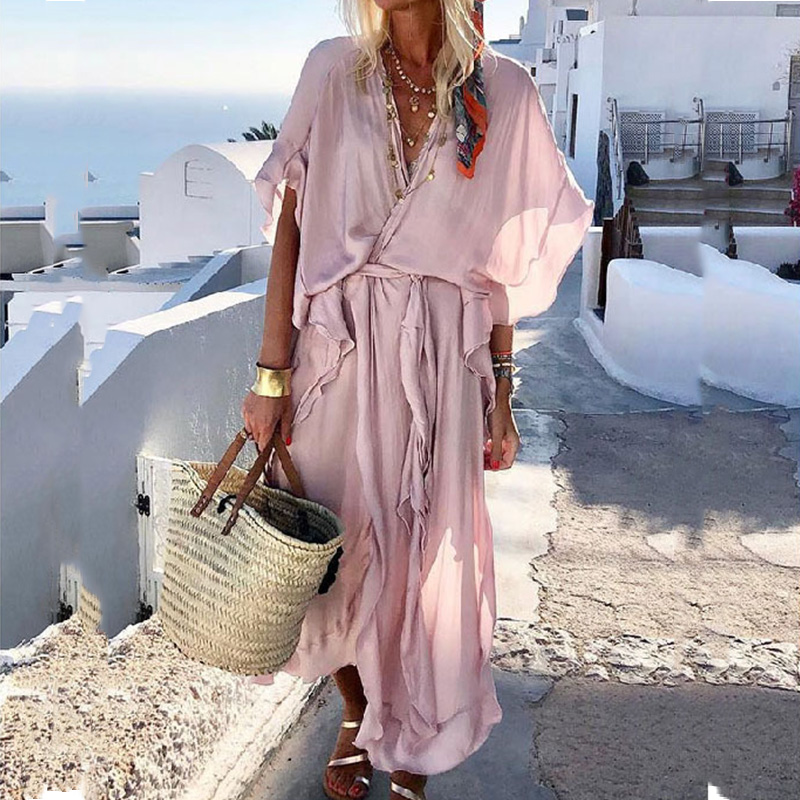 Gaun Pesta Lengan Pendek Warna Solid Retro Musim Panas Kasual Gaun Panjang Ruffle Elegan Wanita Gaun Wanita Longgar Gaya Liburan Boho