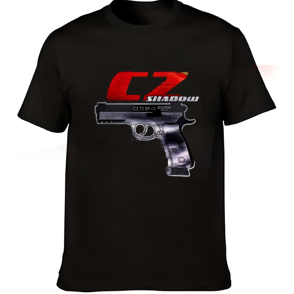 Męska koszulka z motywem pistoletu CZ 75 Shadow z oficjalnym logo CZUB, czarna z czerwonym emblematem CZ, codzienna koszulka z krótkim rękawem.