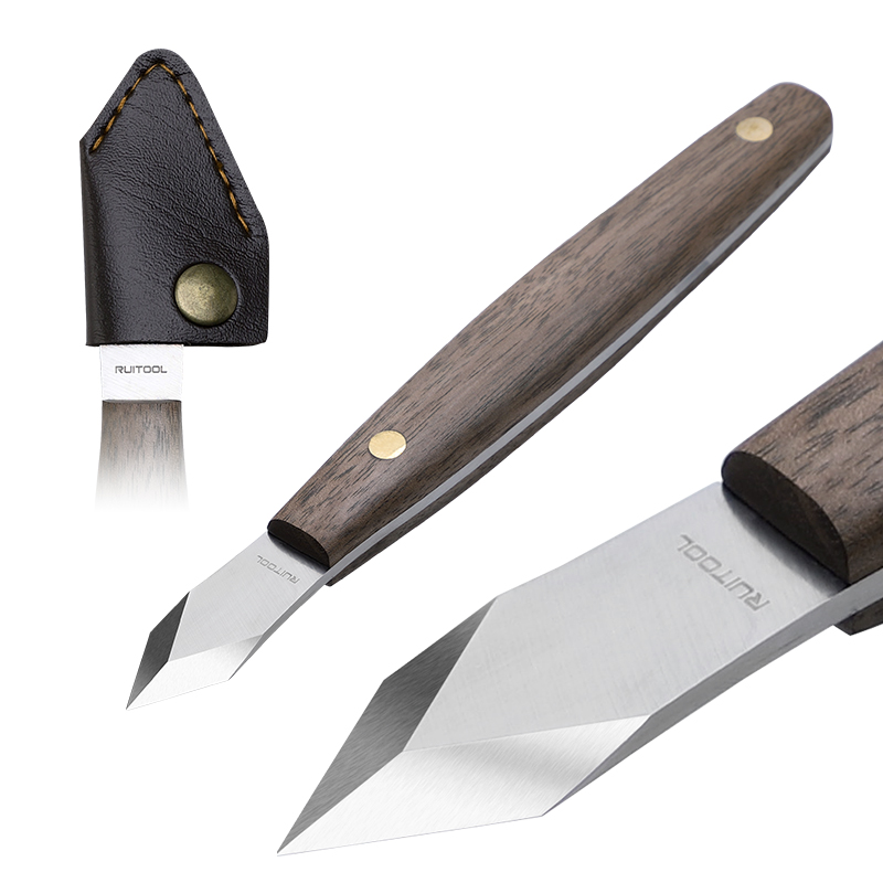 Markierungsmesser, Klinge aus Kohlenstoffstahl, doppelte Abschrägung, Schlagmesser, Holzgriff mit Schutzhülle zum Markieren und Schnitzen