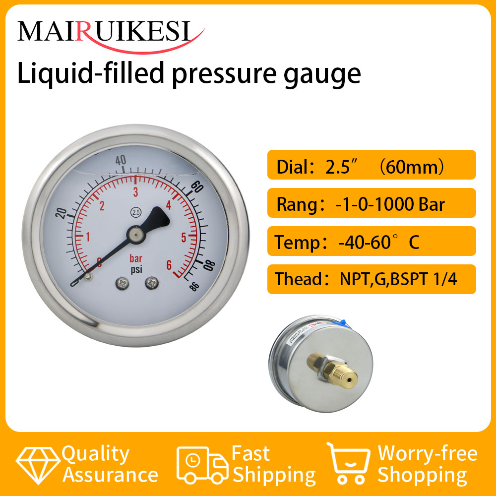 MAIRUIKSI medidores de presión llenos de líquido, 60mm(2-1/2 "), conexión axial trasera-1-0-600bar, manómetros de Gas hidráulico de agua y aceite