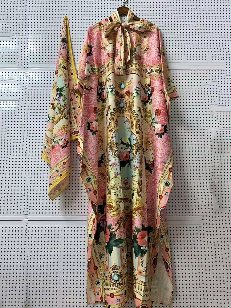 Solto plus size roupas femininas retro posicionamento geométrico impressão gravata pulôver vestido moda fenda saia + cachecol conjunto de duas peças