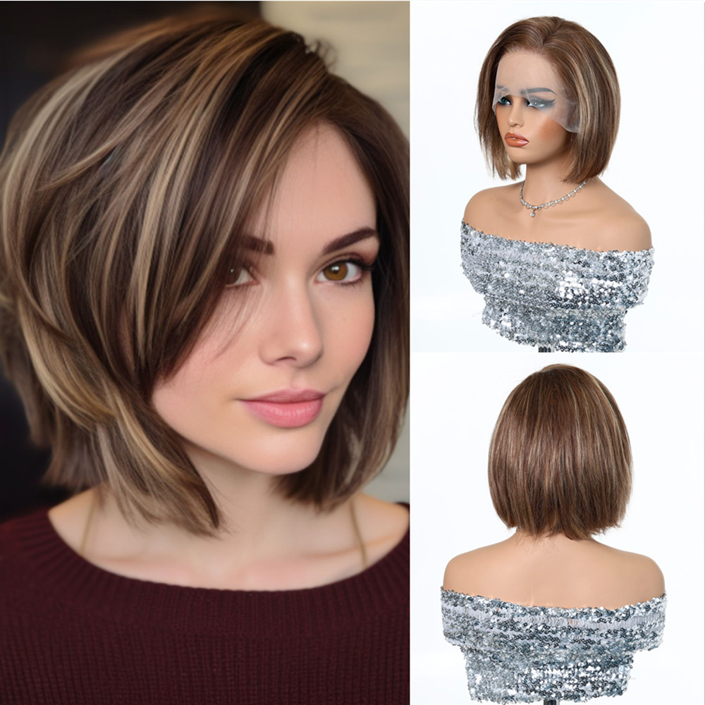 Parrucca per capelli umani in pizzo 13 * 4 Parrucche corte Bob diritte per le donne Parrucca per capelli Remy morbidi con evidenziazione marrone per l'uso quotidiano nelle feste