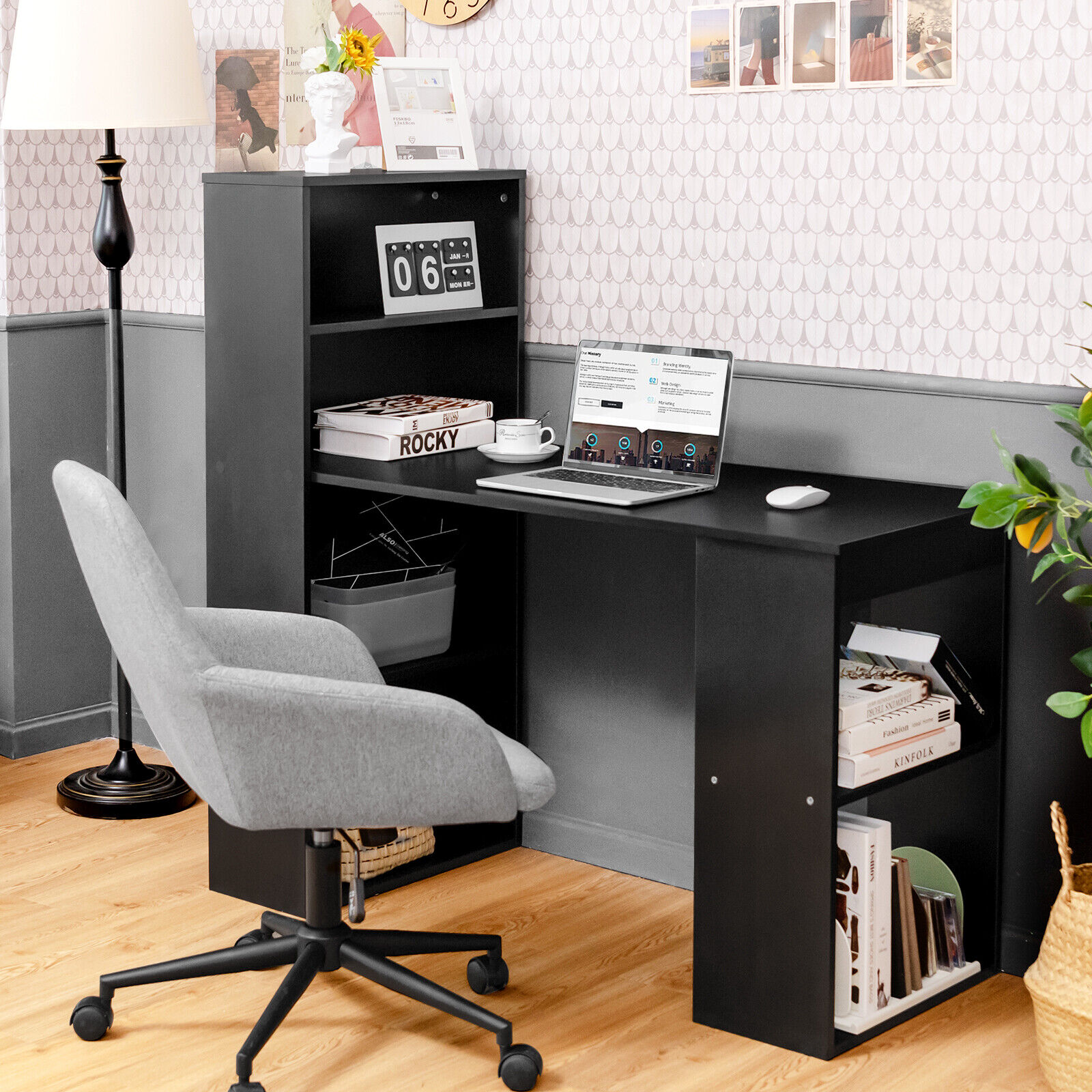 Goflame Computer Bureau Houten Pc Laptop Tafel Schrijven Werkstation 6-Tier Opslag Planken