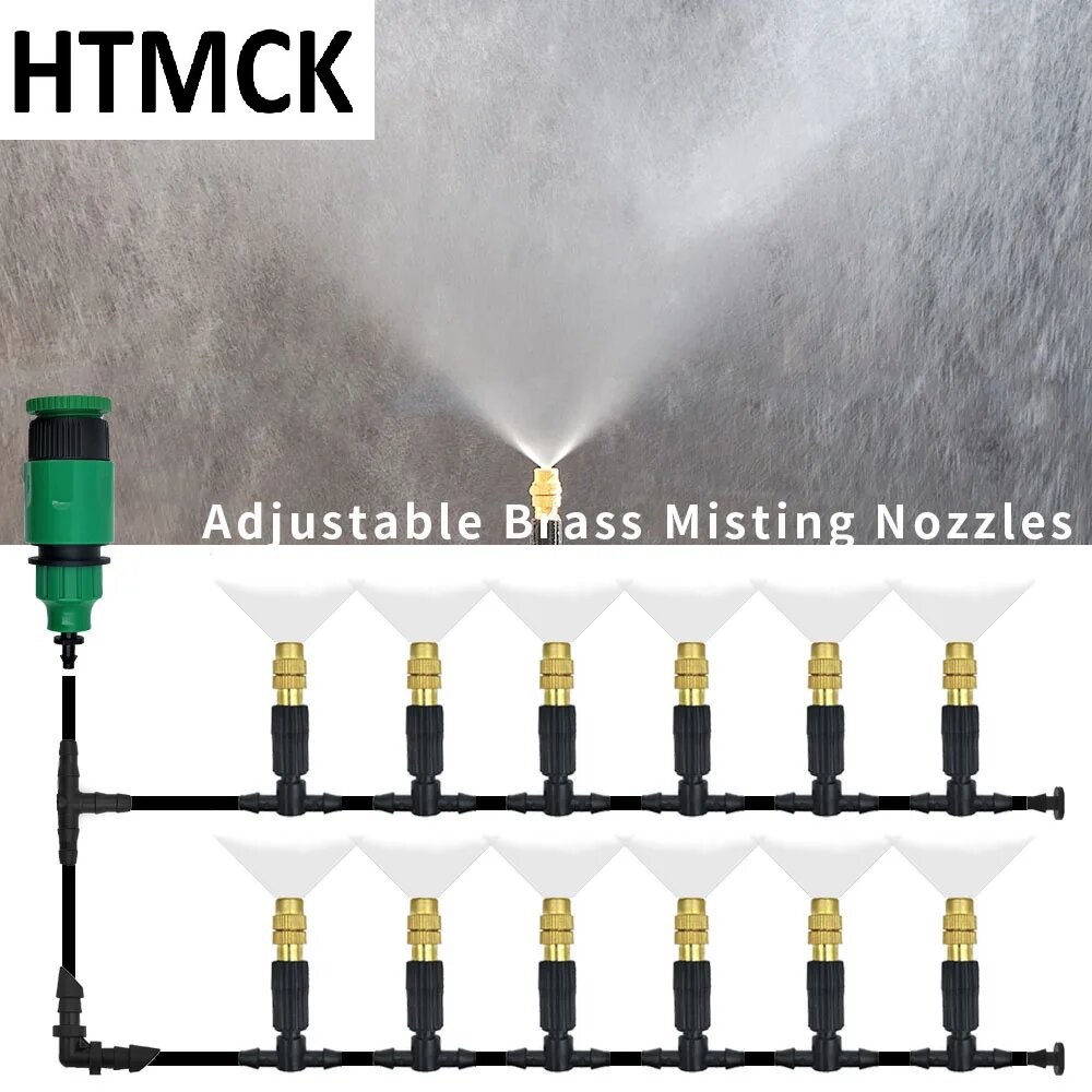 15M-30M Outdoor Cooling Mist Irrigation Kit Brass Atomizer Nozzles 4/7mm Water Tube For Garden Patio Greenhouse Water Spraying