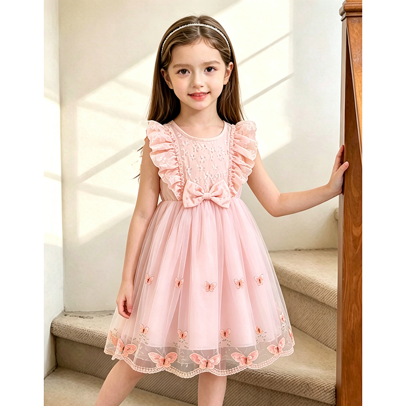 Vestido de princesa para niñas, cuello redondo, manga alada, lazo, estampado Floral, bordado, ropa de fiesta de cumpleaños dulce de verano de 4 a 7 años