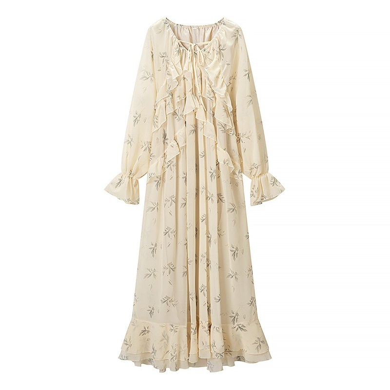 YENKYE Nuevo Vestido Largo de Mujer 2026 con Estampado Floral y Volantes, Manga Larga, Corte Holgado, Estilo Boho, para Vacaciones en la Playa