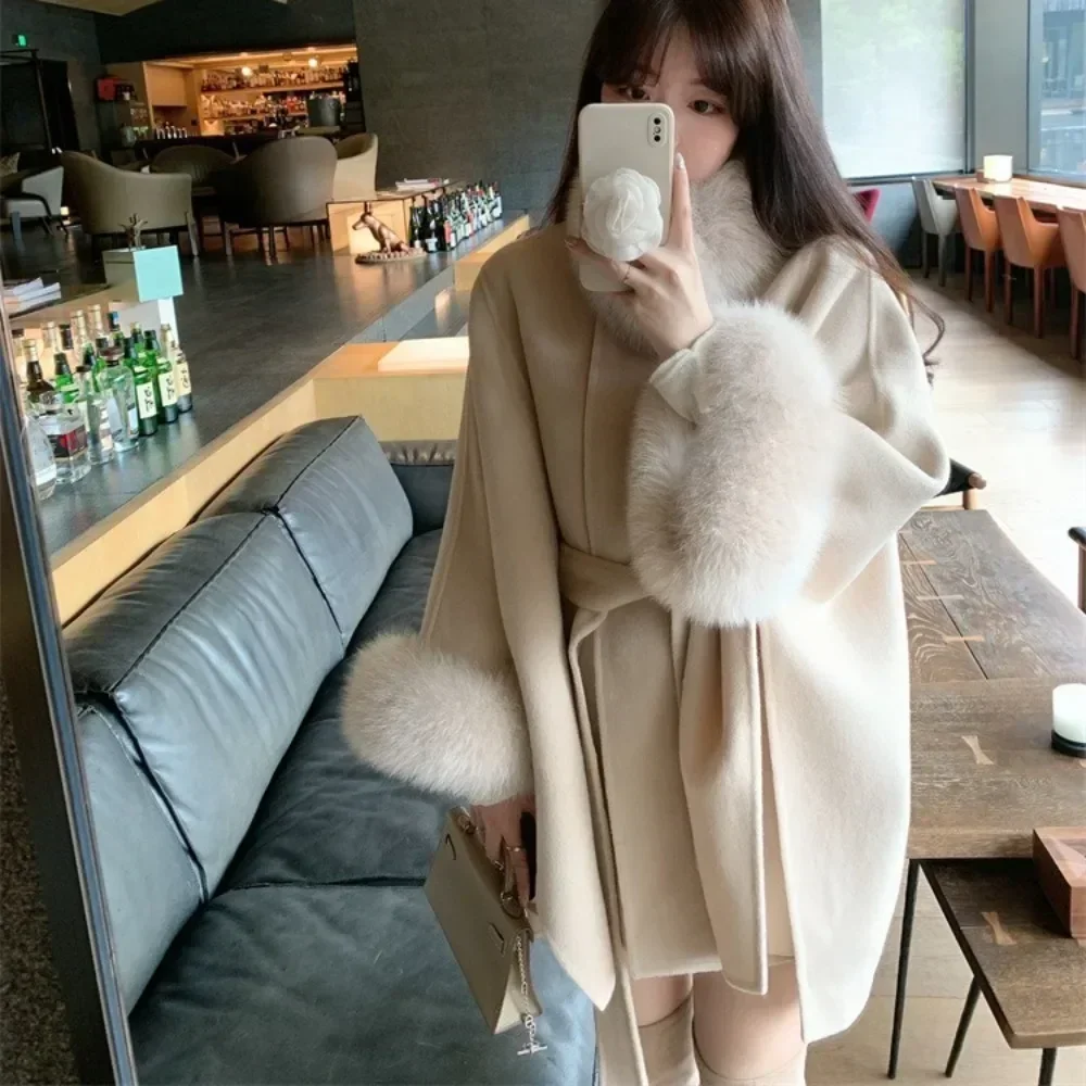 Chaqueta de lana de piel de zorro Real para mujer, abrigo largo suelto con cinturón, manga de murciélago de nueve cuartos, otoño e invierno, 2024