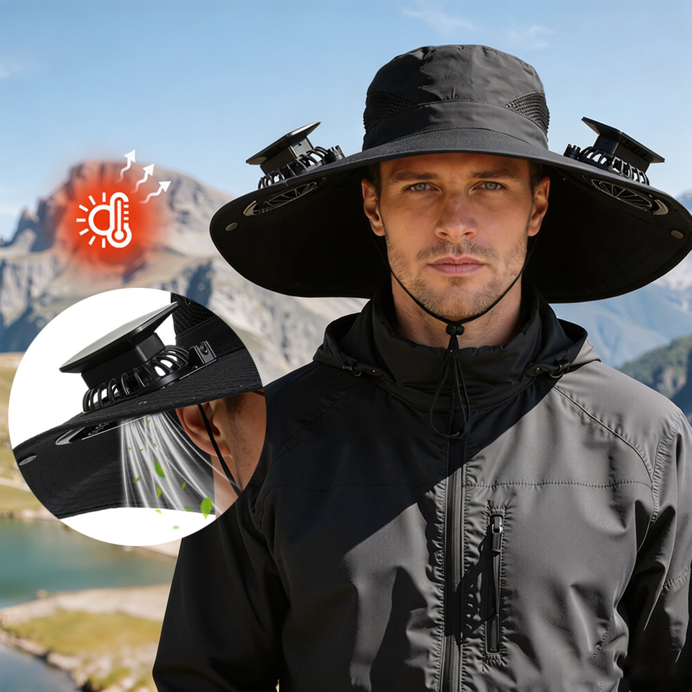 Outdoor Wide Brim Sun Hat with 2 Solar Fan Sun Bucket Hat for Men Women UPF 50+ Bucket Fishing & Beach Hat with Fan Built in