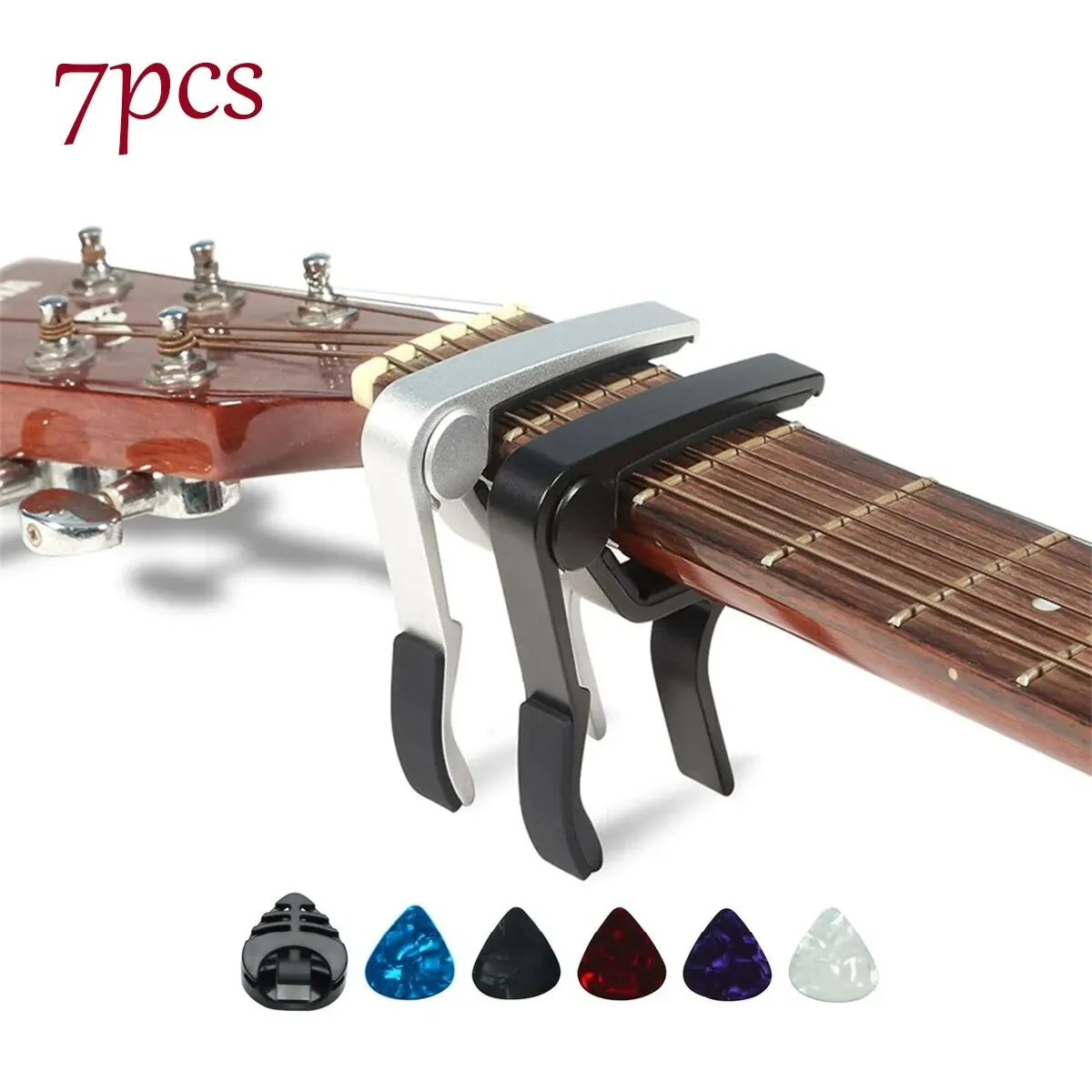 7 capó de guitarra para guitarras acústicas y eléctricas con 5 púas gratis y 1 soporte, negro; Plata