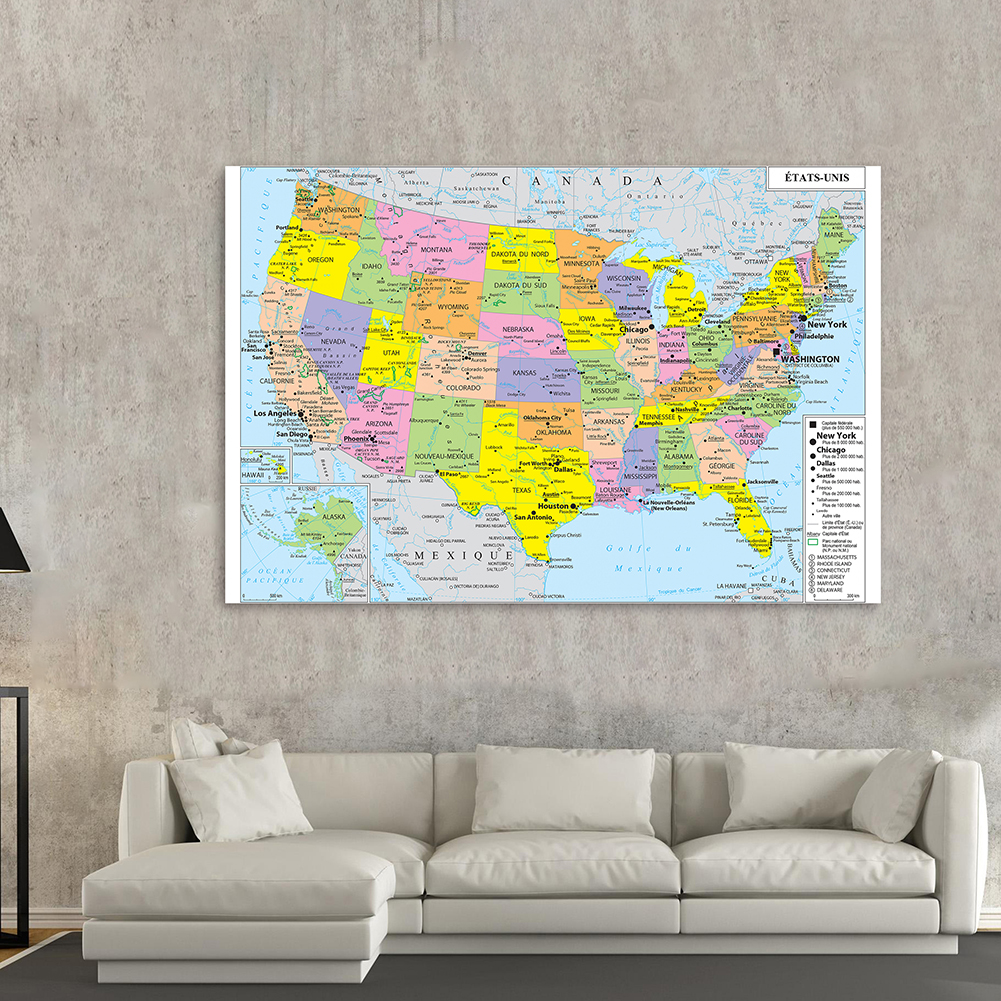 The United States Map America Map Wall Poster Non-woven Canvas Painting School Supplies Home Decoration in French 150*100cm