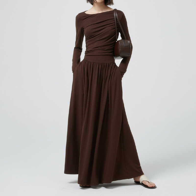 NHKDSASA-vestidos minimalistas para mulheres, gola redonda, manga comprida, cintura alta, vestido temperado, moda feminina, sólido, emagrecedor, 2024