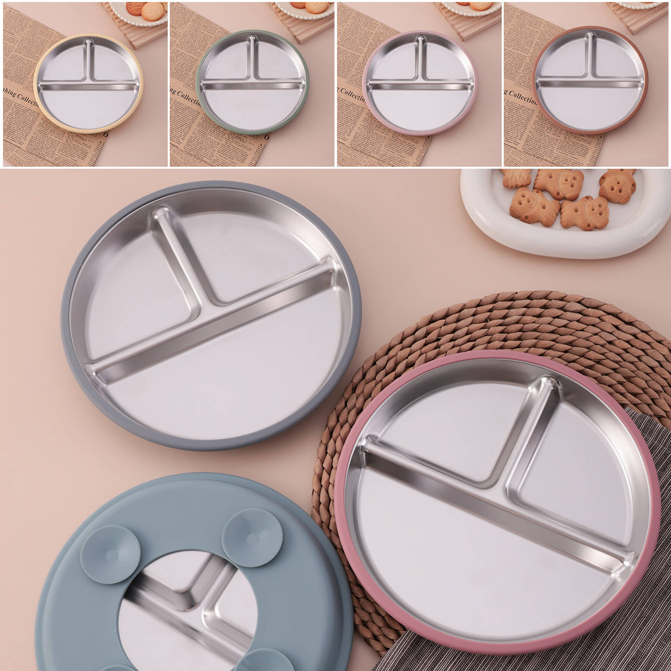 Cor crianças 1 pçs placa de aço inoxidável destacável pratos sucção alimentação do bebê otário tigela grau alimentício silicone bandeja alimentos utensílios de mesa