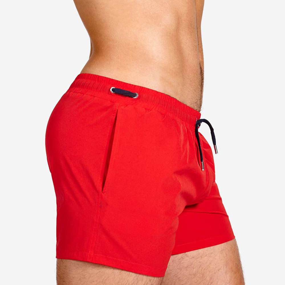 Bañador corto ajustado para hombre, traje de baño de secado rápido, pantalones cortos de tablero sólido, pantalones de playa, trajes de baño con Bolsillos y forro de malla