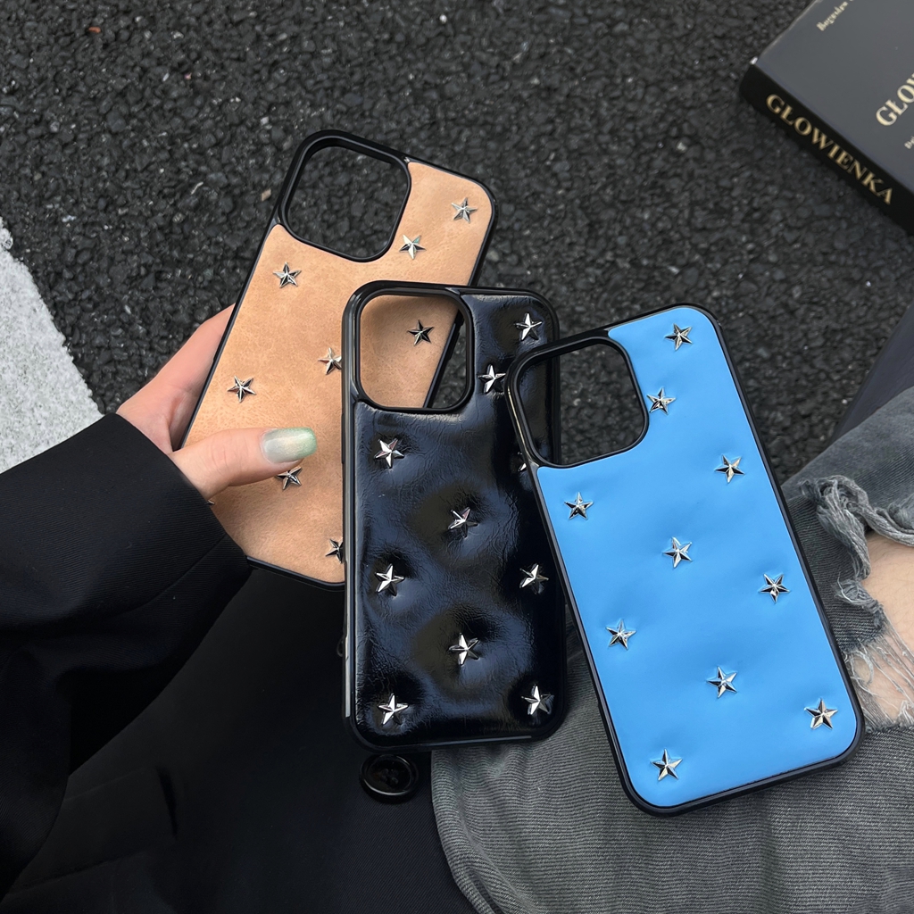 Eenvoudig leer volledig scherm stereoscopisch zilveren sterren schokbestendig beschermend telefoonhoesje voor iPhone 17 16 15 14 13 Pro Max