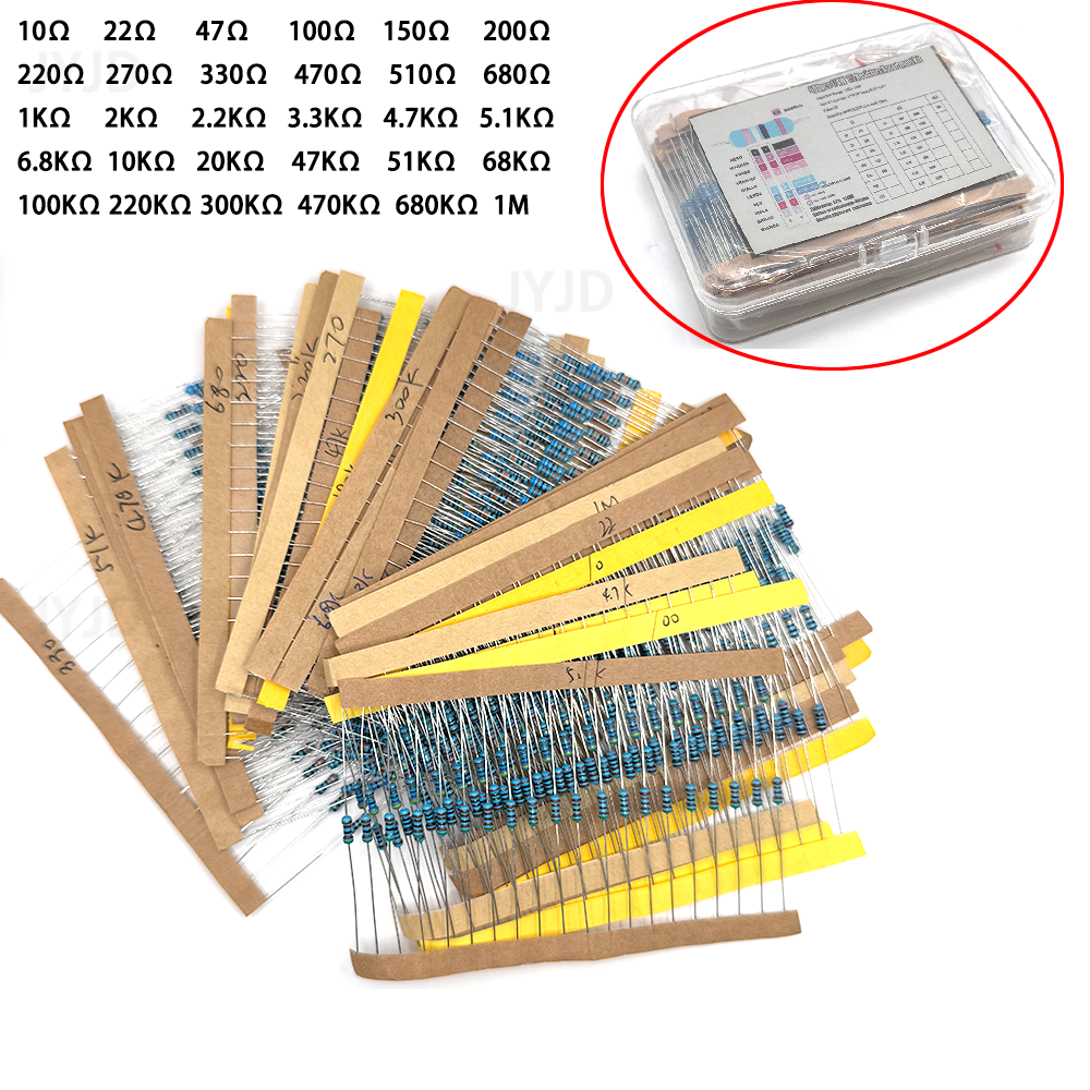 Kit de 300/600 résistances à film métallique 1% de précision, 30 valeurs différentes, 1/4W, 1K, 10K, 100K, 220 ohms, 1M