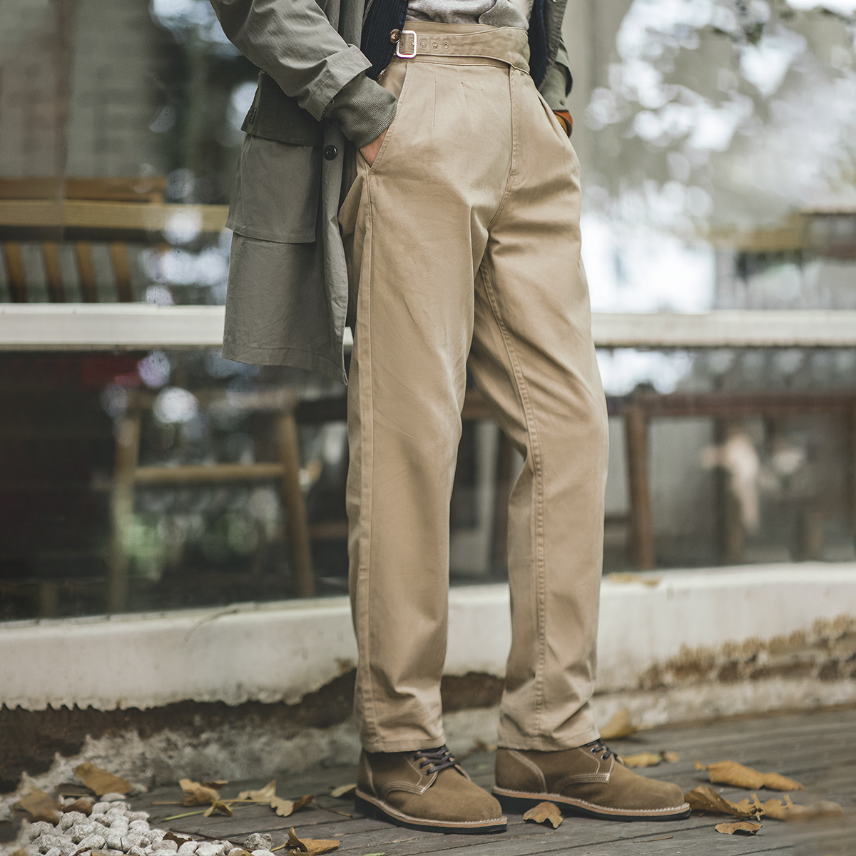 Maden vintageurkha calças cáqui casual carga calças de trabalho ajustável cintura alta clássico calças retas para primavera outono masculino
