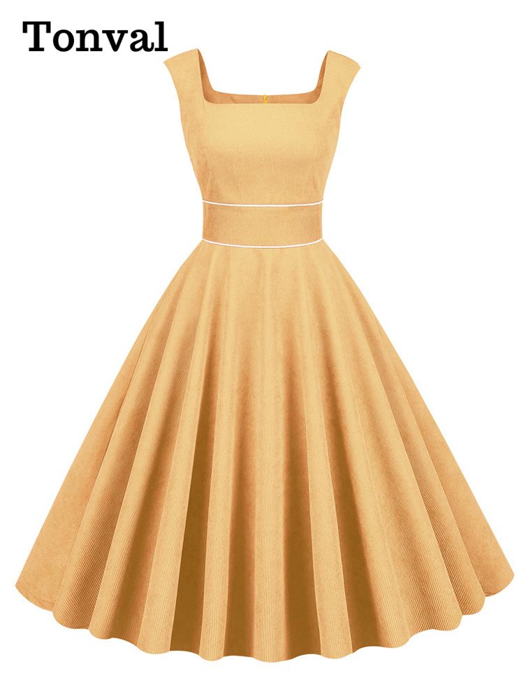 Tonval-vestido largo de pana amarillo con cuello cuadrado para mujer, vestido Vintage de cintura alta de los años 50, sin mangas, bolsillos elegantes, vestidos largos de invierno para mujer