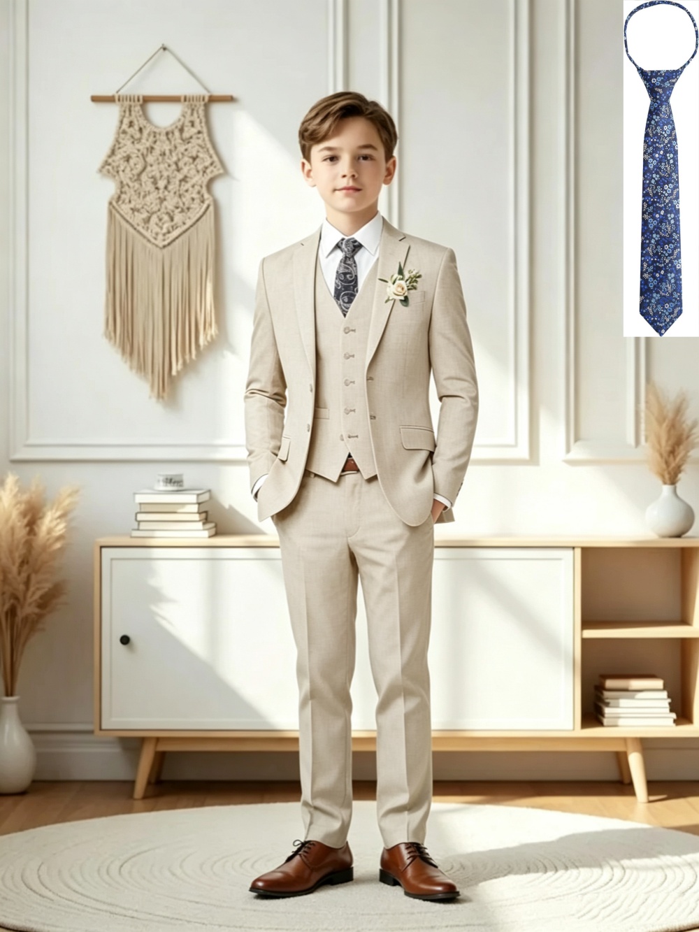 Neues lINENBoys Beige Anzug-Set, 4-teilig, für Geburtstagsfeiern, schnelle Lieferung, Slim Fit Smoking für Kinder, Hochzeits-Ringträger-Outfit, 3-14 Jahre