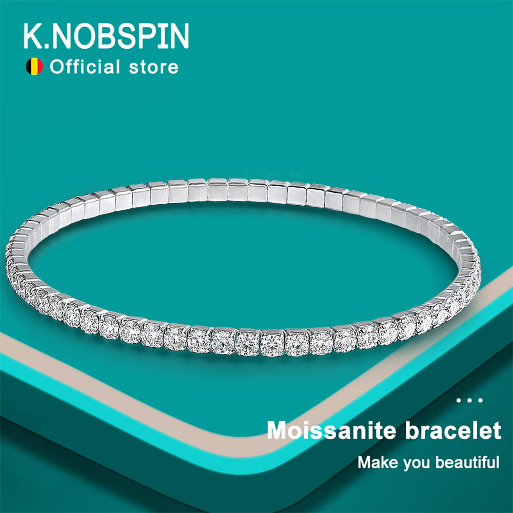 KNOBSPIN 3.84-6.4ct D VVS1 Moissanite Tennis Armband 2.5mm/3mm s925 Sterling Zilver Elastische Tennis Armbanden voor Vrouwen Mannen