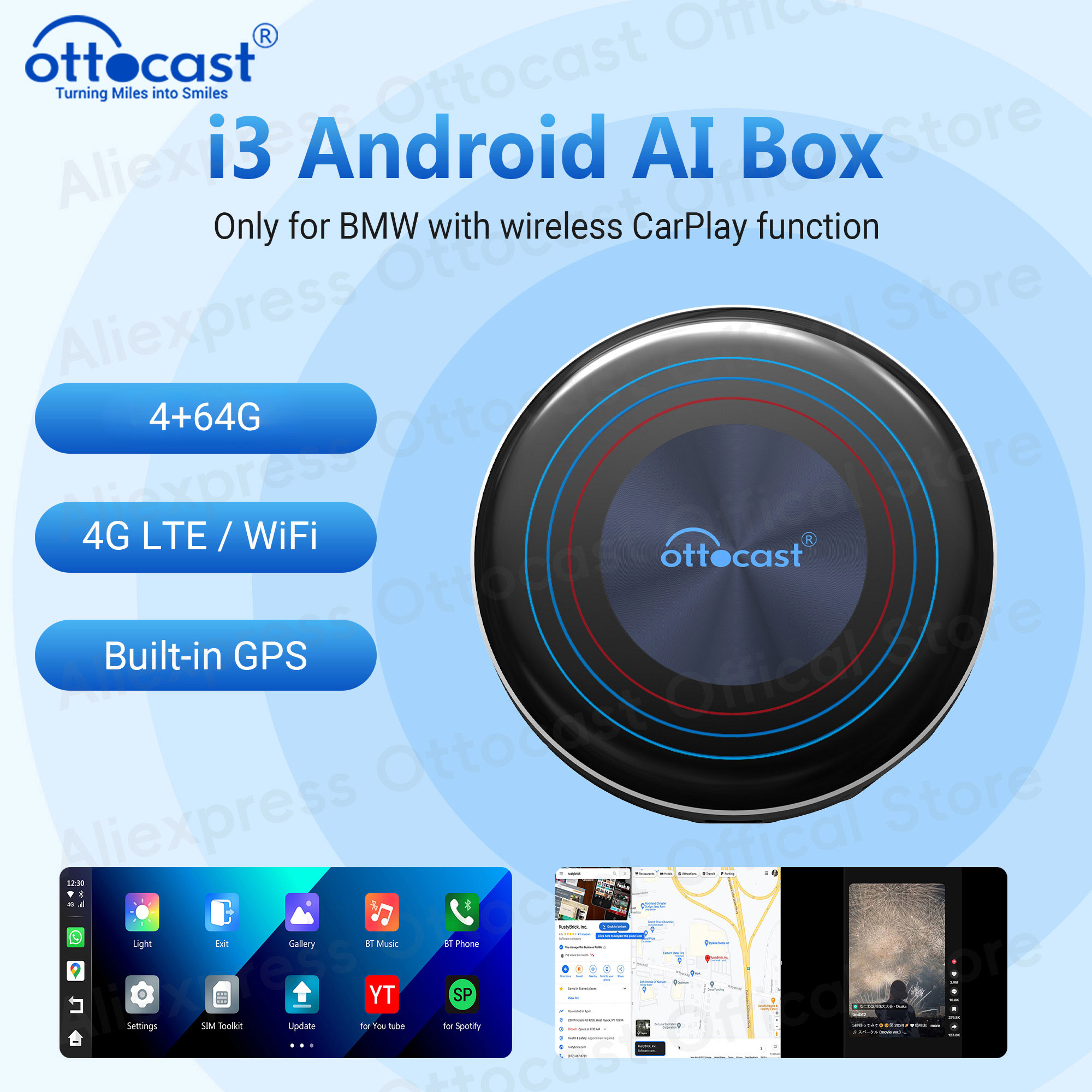 OTTOCAST OttoAiBox i3 AI Box Android 13, беспроводной CarPlay для NetFlix для Youtuber для BMW ID6 ID7 ID8 ID9, автомобильные аксессуары