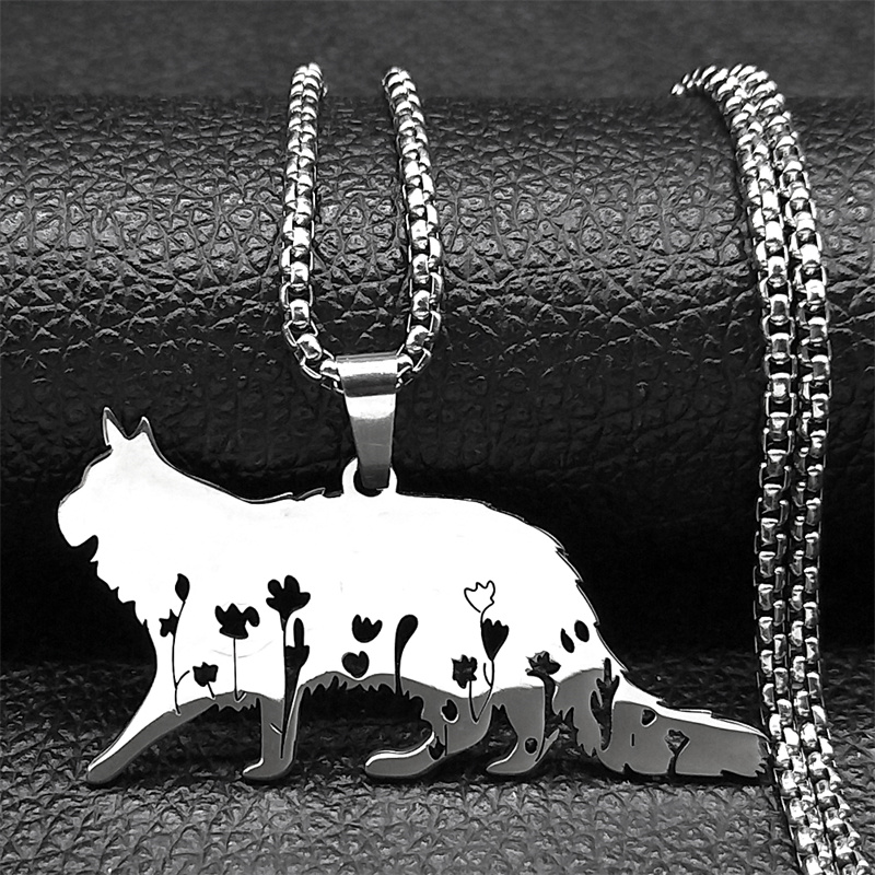 Nette Katze Blume Kitty Anhänger Halskette für Frauen Männer Edelstahl Silber Farbe Tier Liebhaber Kette Halsketten Schmuck kragen