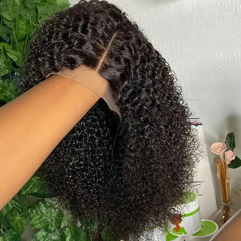 Kinky encaracolado sem cola curto encaracolado bob peruca de cabelo humano 5x5 hd fechamento do laço perucas usar para ir peruca frontal do laço onda de água corte peruca