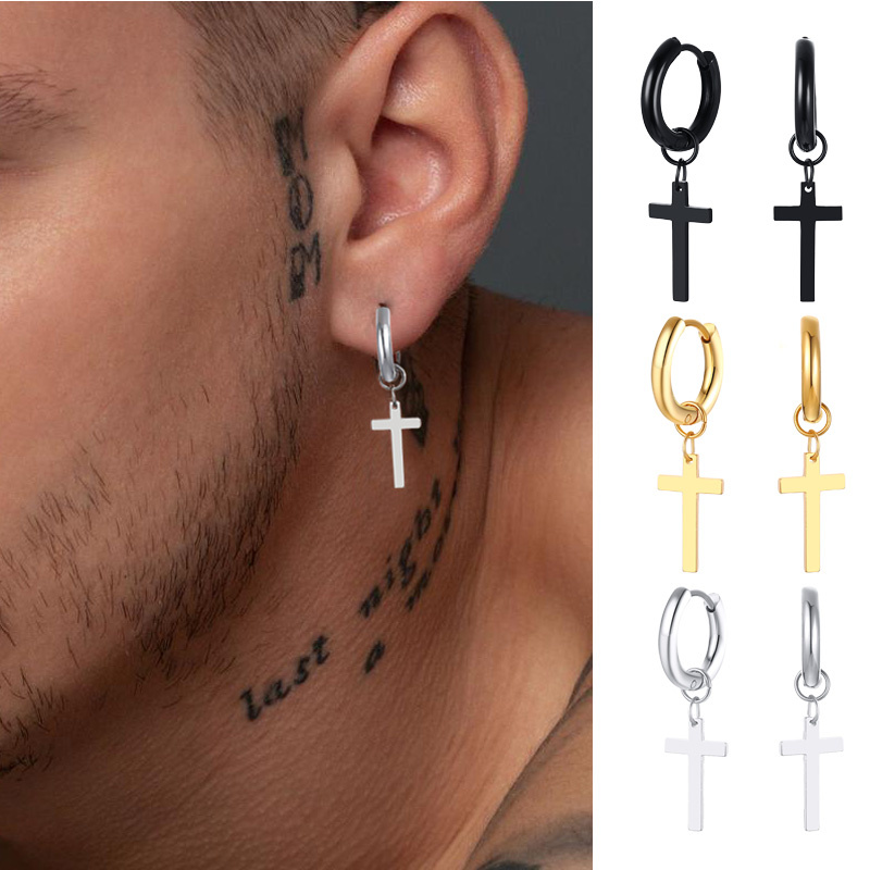 Brinco de aço inoxidável com pingente de cruz para joias masculinas