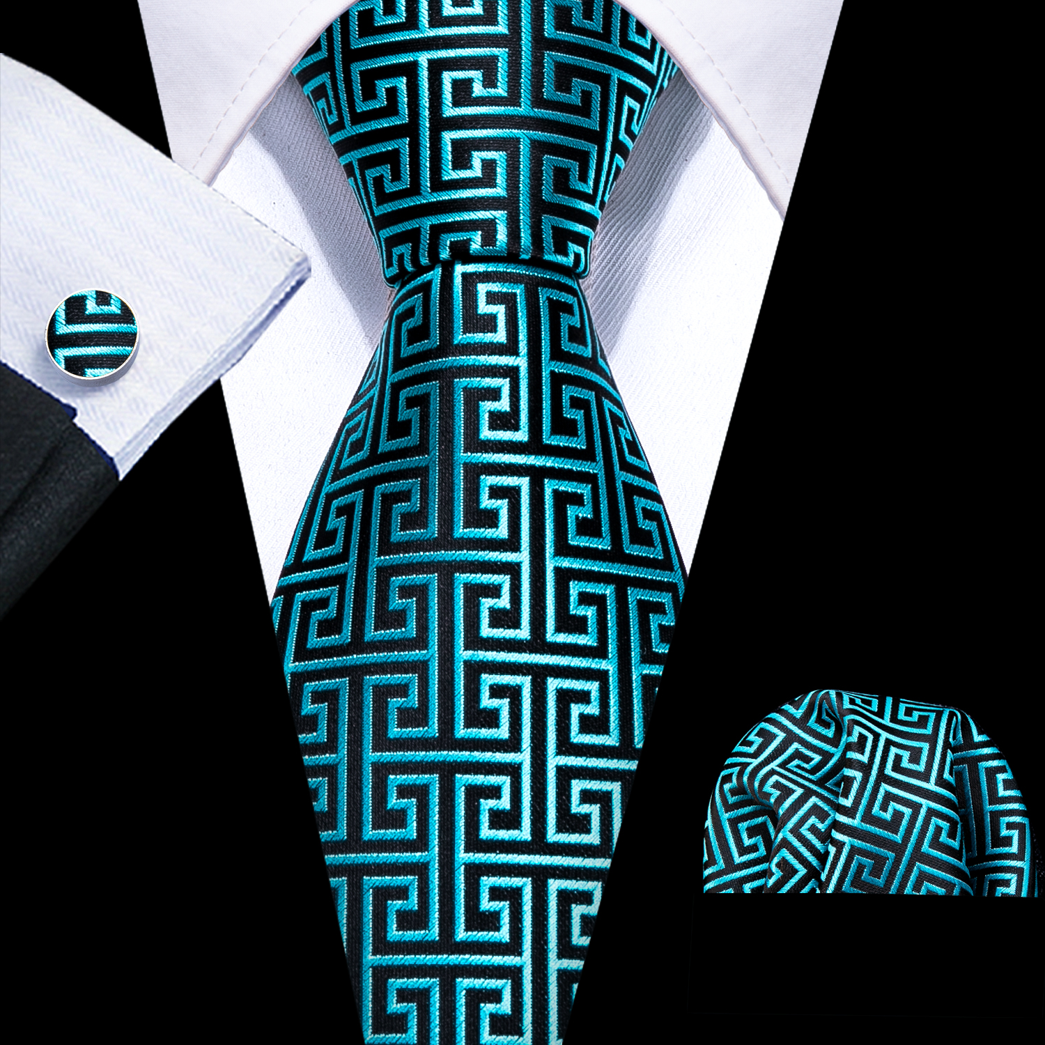 Mode Groenblauw Nieuwigheid Mannen Stropdas Set 8.5Cm Zijden Jacquard Geweven Stropdassen Bruiloft Business Party Cadeau Zakdoek Stropdas Set Barry.Wang