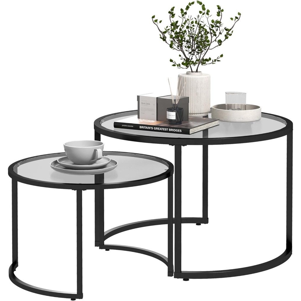 Lot de 2 Tables Basses gigognes Rondes 70/54 cm Plateau Verre trempé et Pied en Acier au Carbone Design Moderne Noir
