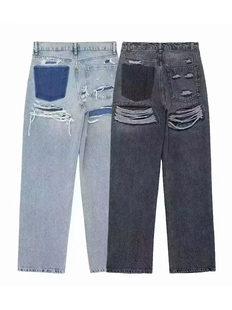 Hh jeans para mulheres moda vintage buracos decorados denim calça retalhos calças de cintura alta y2k 2024 high street lady jeans