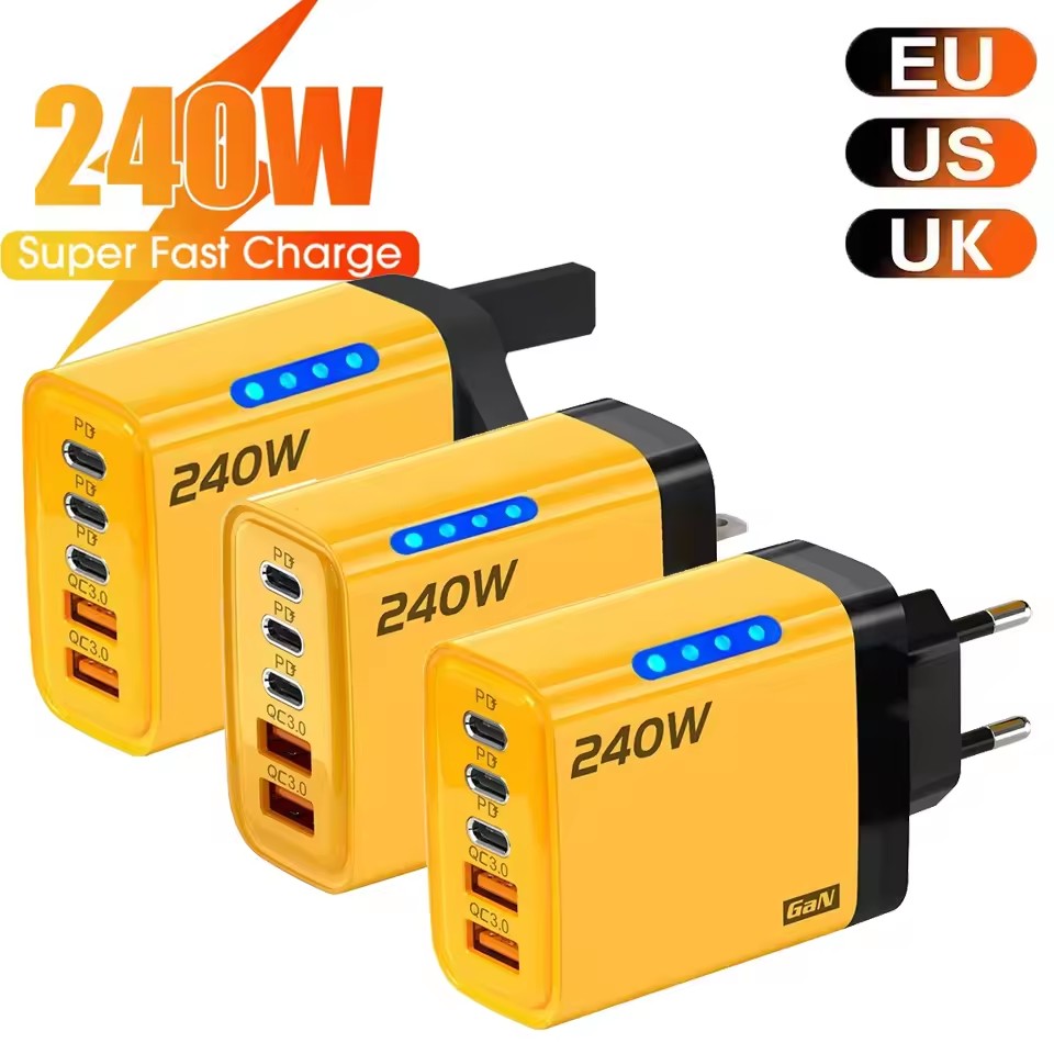 Chargeur rapide 240W GaN avec lumière LED 5 en 1, 2 USB + 3 Type-C, chargeur multi-ports pour iPhone 15-17 Series, Samsung, Huawei, Xiaomi 15