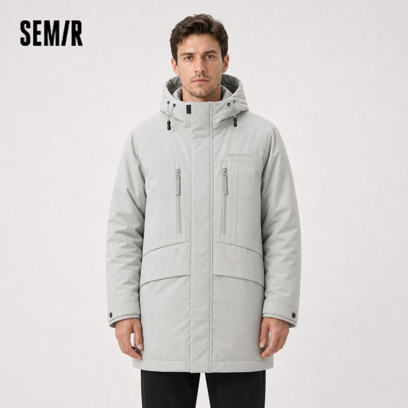 Jaqueta Masculina Semir de Pluma, Comprimento Médio, Com Capuz, Esportiva, Colorblock, Coleção Inverno 2026, Roupa Masculina Quente, Corta-Vento, Design Colorblock Aconchegante