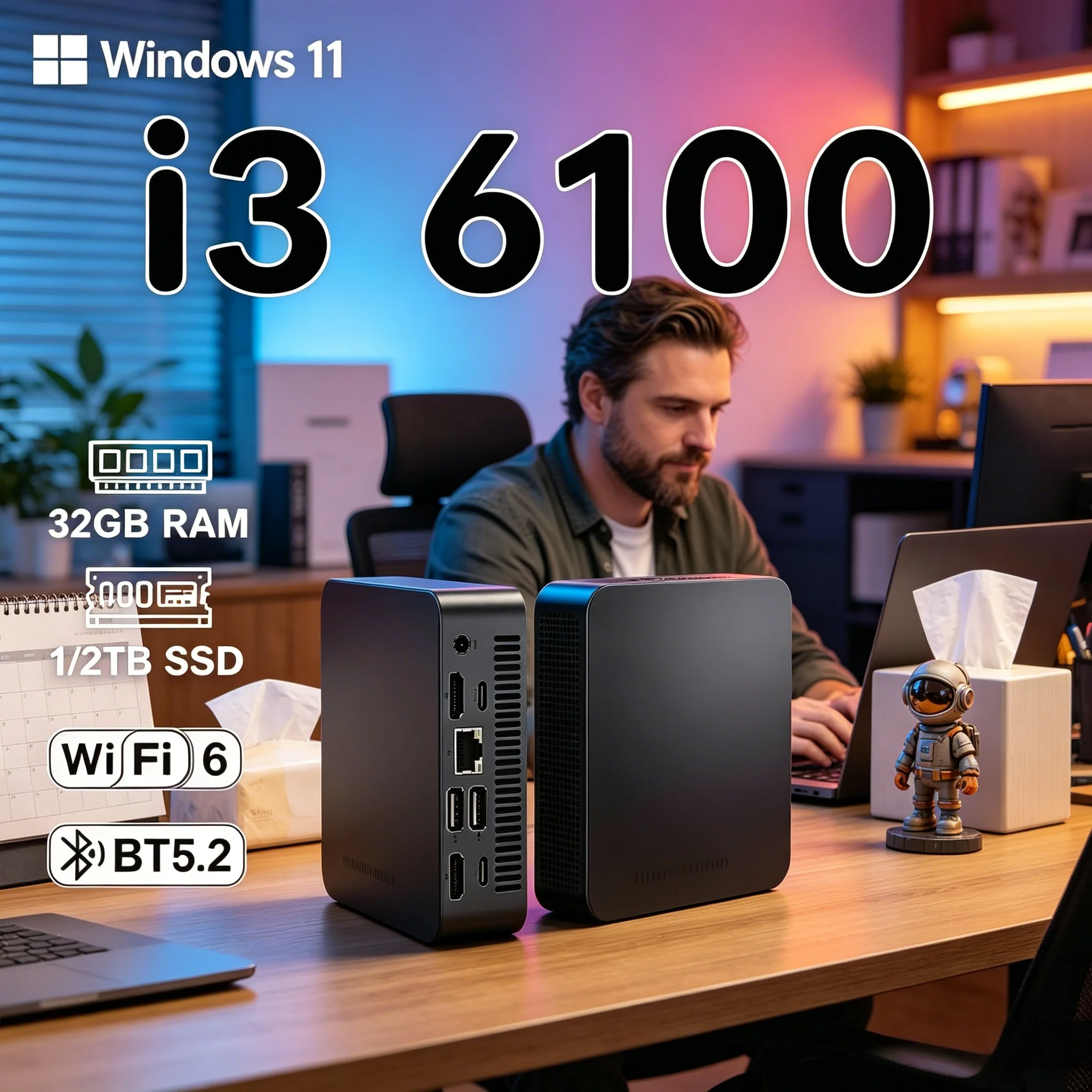 Mini PC Intel I3 6100 de Alta Velocidad, 32 GB de RAM, Win11 Pro, WIFI6, Bluetooth 5.2, Mini Ordenador para el Hogar, Oficina y Estudio