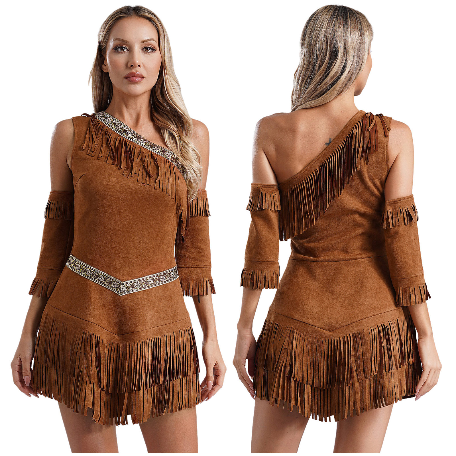 Womens Native American Maiden Costume Leather Tassel Dress Halloween Carnival Indians Princess Role Play Fancy Dress Up Outfits