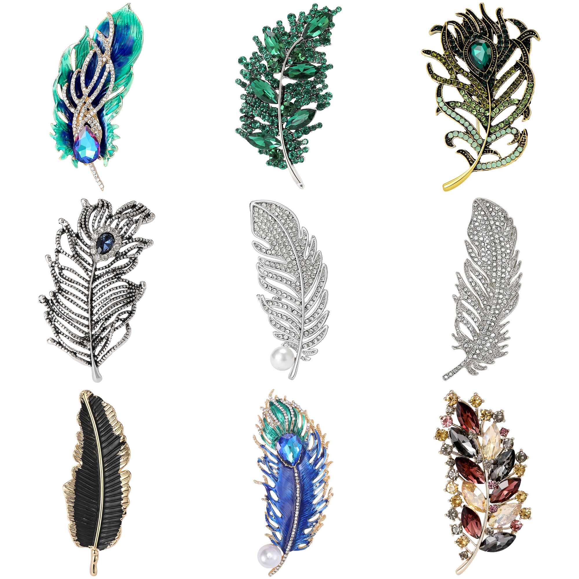 Rhinestone Feather Pins for Women Unisex Glass Hollow Feathers Brooches Office Party Friend Gifts Jewelry Accessories
