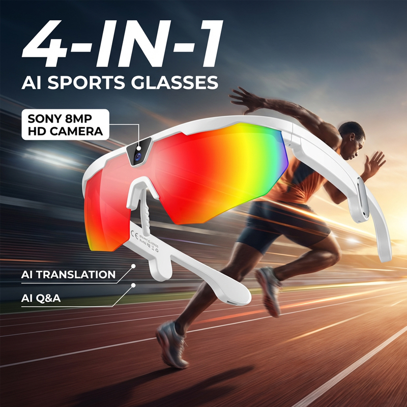 แว่นตาอัจฉริยะ AI Sports พร้อมกล้อง 2026 สำหรับปั่นจักรยานกลางแจ้ง หูฟังควบคุมแบบสัมผัส กันลม บลูทูธ แว่นกันแดดแปลภาษา