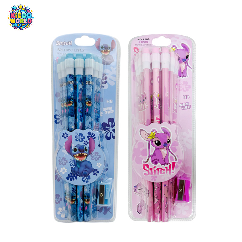 12 ชิ้น Stitch Lilo & Stitch น่ารักการ์ตูน HB ดินสอ, ดินสอ 12 แท่งและลูกกลิ้งดินสอ 1 ชุดกล่องเครื่องเขียน, การเขียนและการวาดภาพ