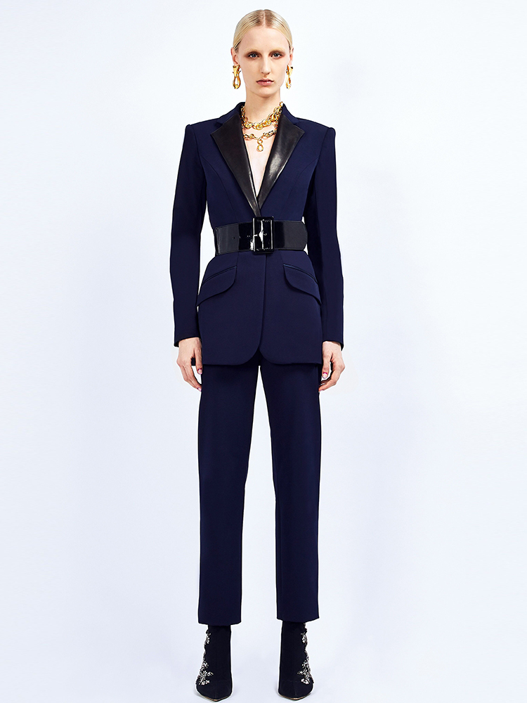 HIGH STREET Nieuwste 2026 S/S Runway Designer Pak Set Dames Lederen Kraag Geriemde Blazer Potloodbroek Set 2-delig