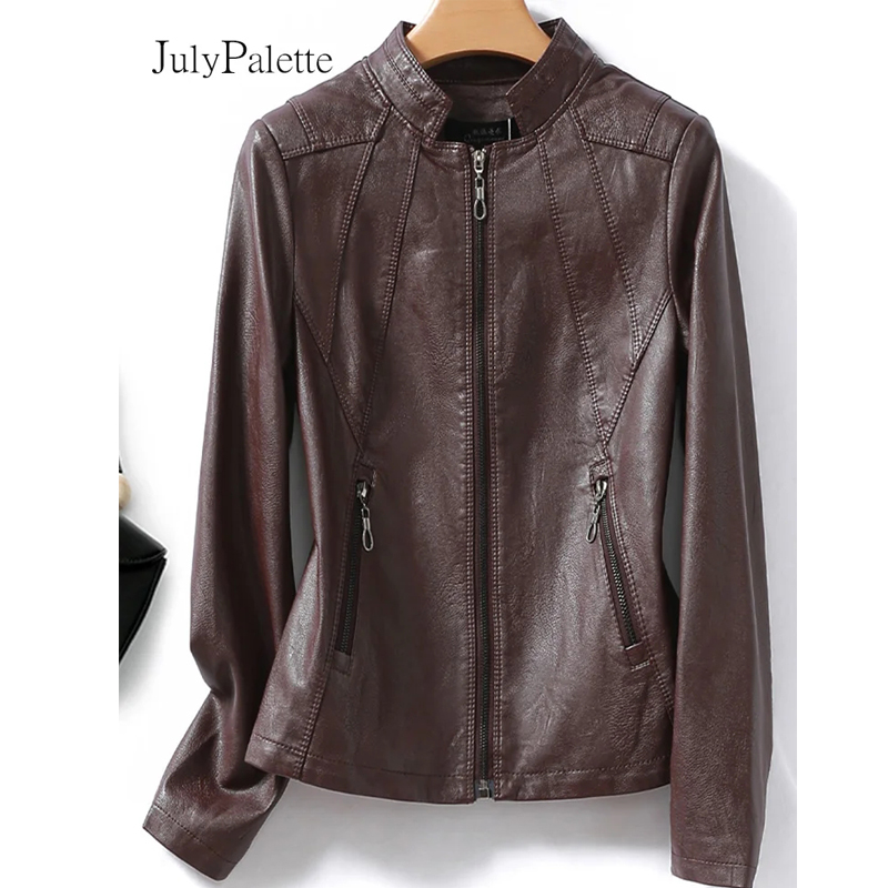 Julypalette-Chaquetas de piel de oveja Vintage para mujer, abrigos cortos con cremallera para motocicleta, cuello levantado, cuero partido, color rojo vino, 2022