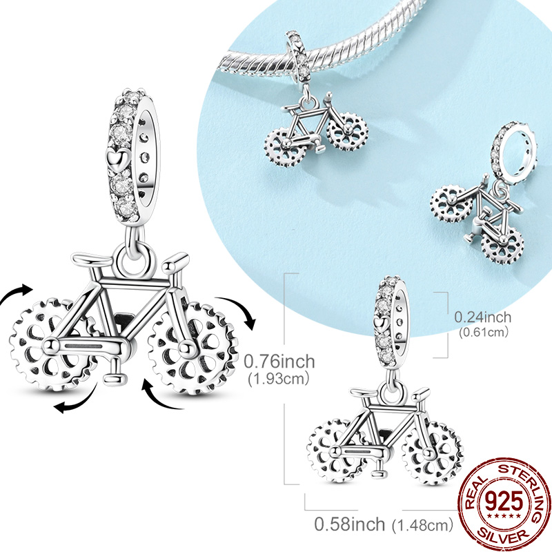 Oryginalny charms ze srebra próby 925, obrotowy wisiorek rower, pasuje do oryginalnej bransoletki lub naszyjnika, dla kobiet, do samodzielnego tworzenia biżuterii, prezent.