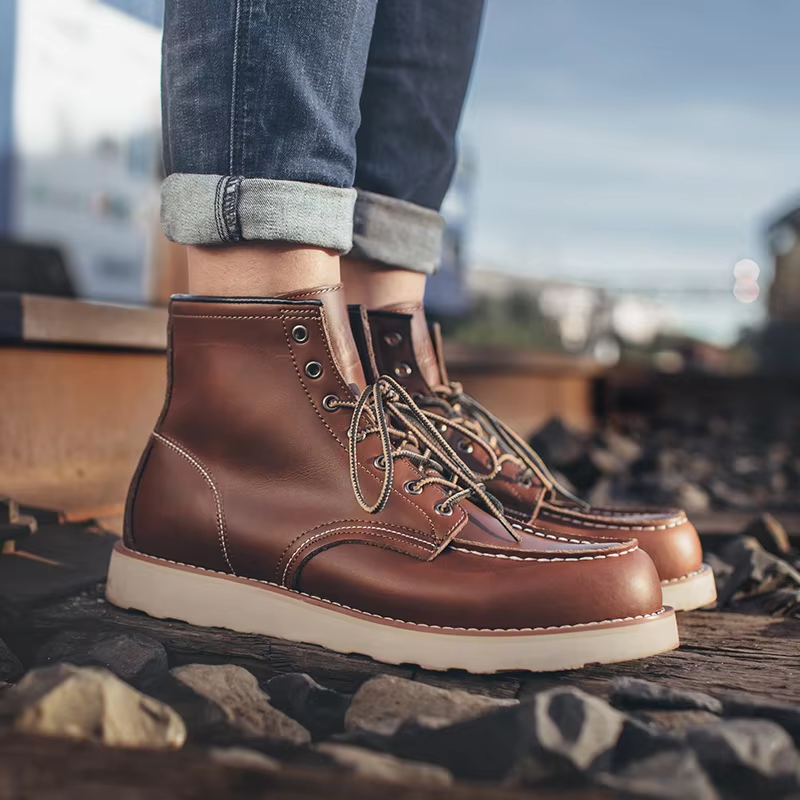 Stivali da Moto Vintage Marroni Maden per Uomo, Stivali Alti con Lacci per Lavoro, Autunno e Inverno, Punta Rotonda, Scarpe da Outdoor
